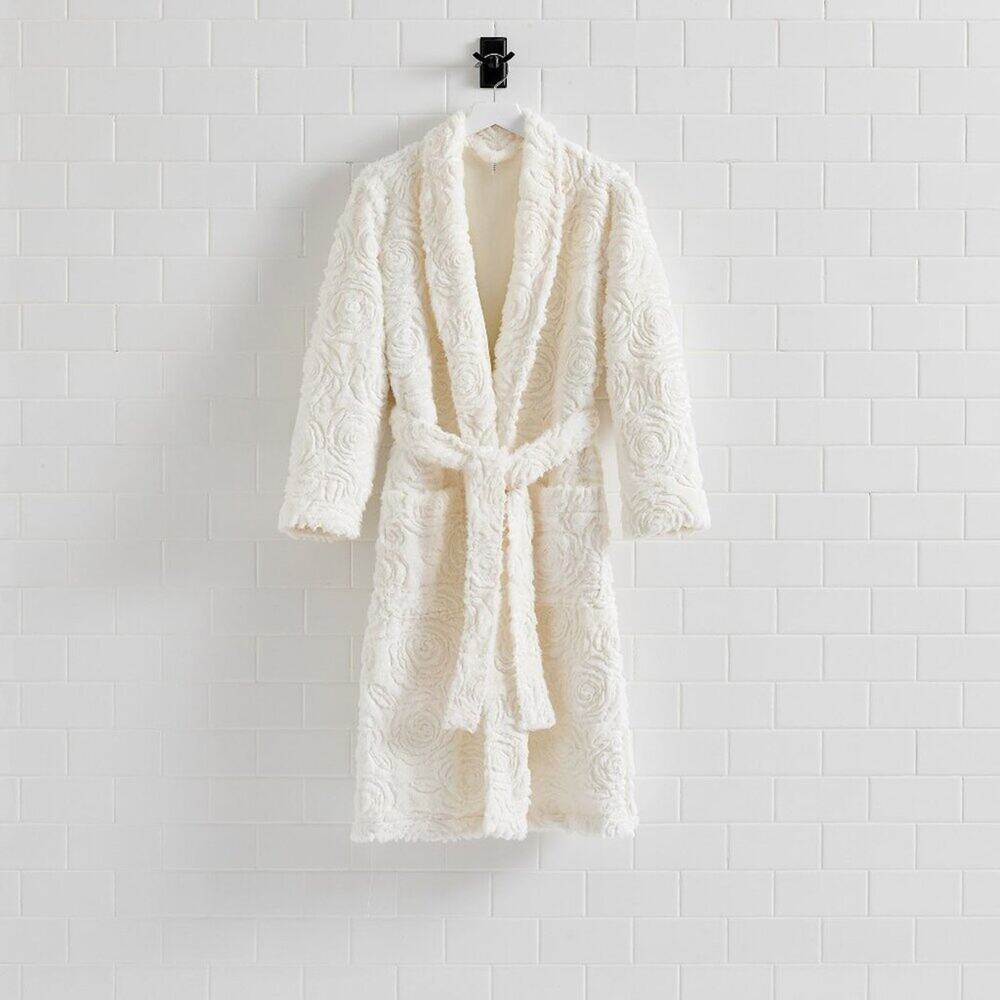 LoveShackFancy White Floral Bath Robe Womens Size Small Pockets Belted NEW